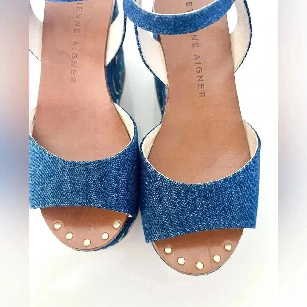 Etienne Aigner Sofhia Floral Embroidered Denim Platform Strappy Shoes‎ Size 6.5